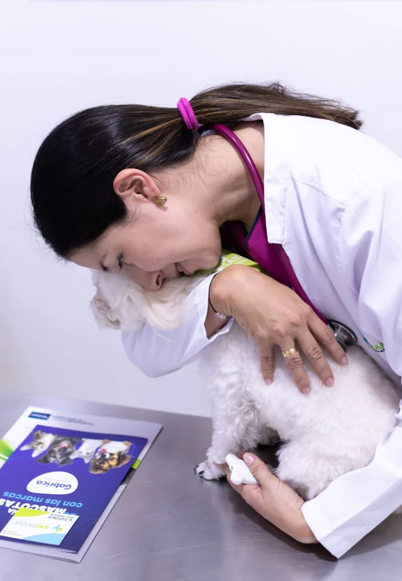 Veterinaria de Anisanar abrazando con cariño a un paciente canino