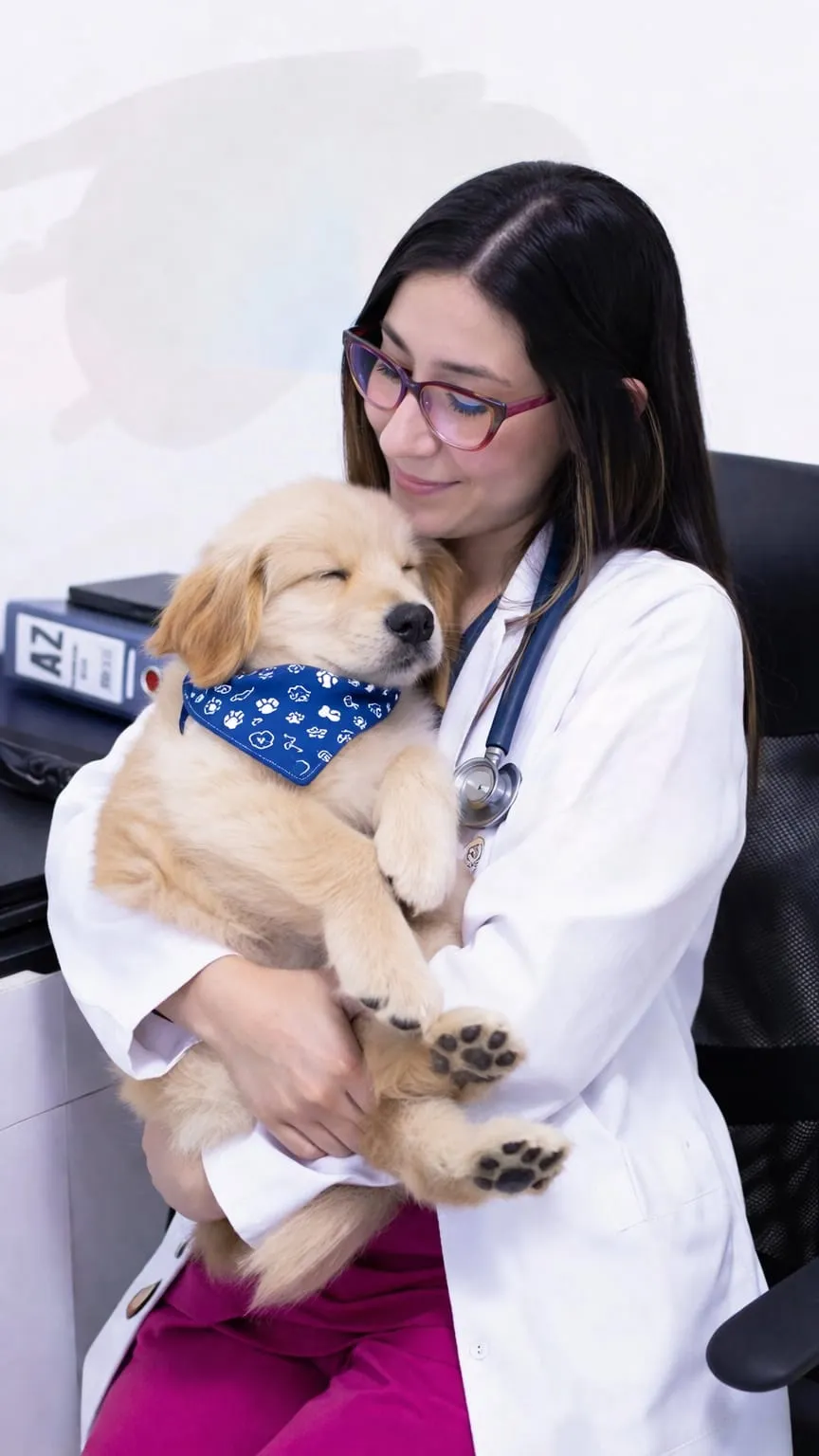 Veterinaria sosteniendo a un cachorro golden retriever dormido